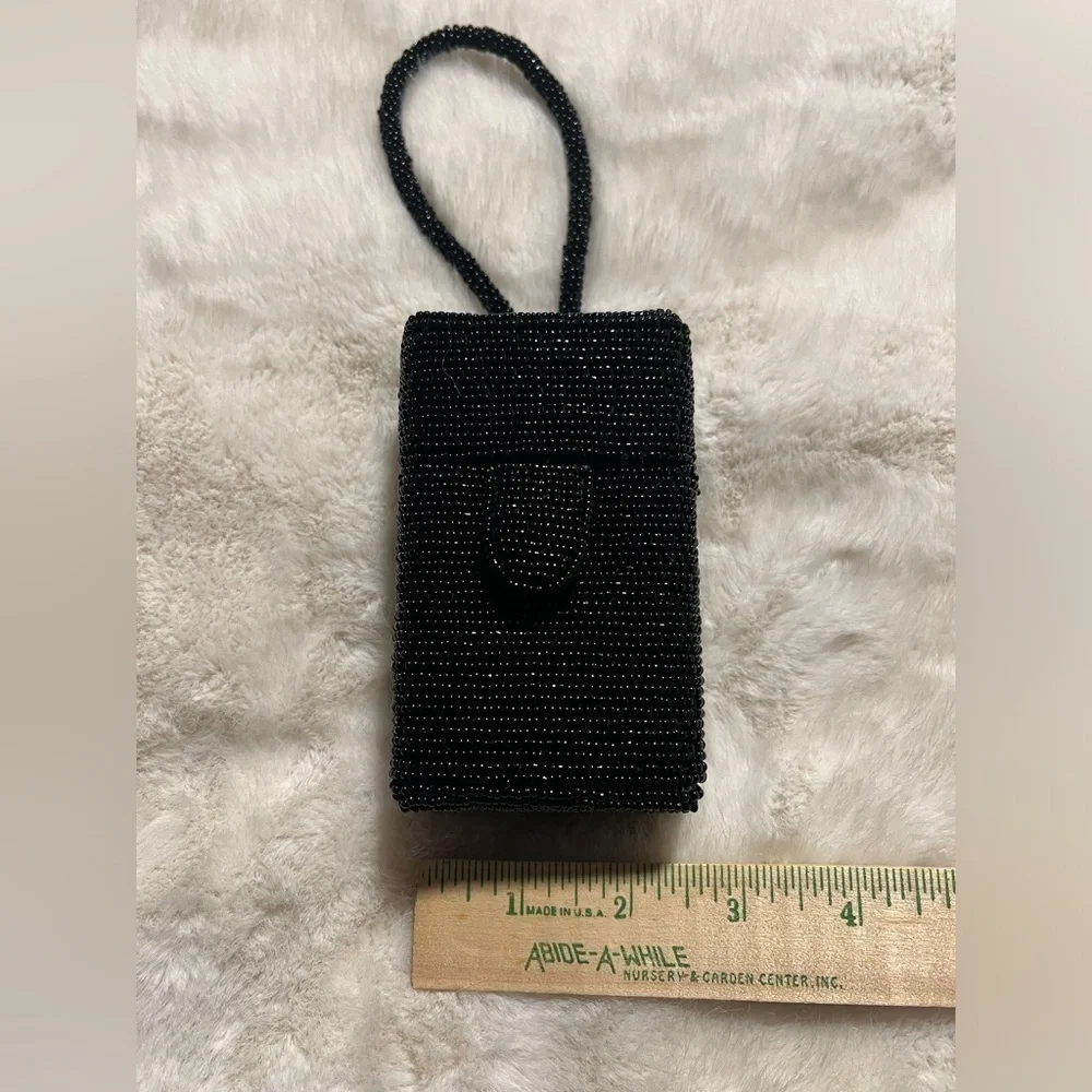 BEADED black cosmetic rectangle cosmetic/ evening mini bag with built in mirror